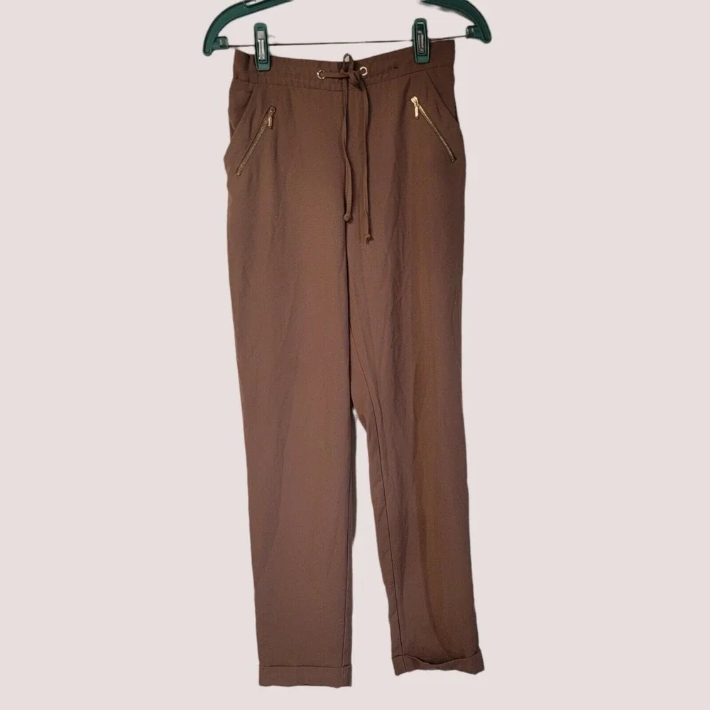 Atmosphere‎ Pants Brown Gold Zip Accents Tie Front Size 8 Paper Bag